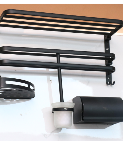 Matte Black Wall-Mounted Bathroom Towel rack, with integrated hooks and shelf