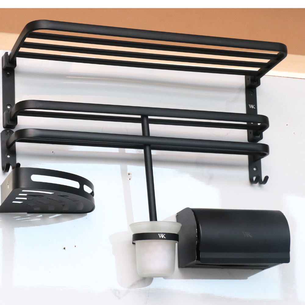 Matte Black Wall-Mounted Bathroom Towel rack, with integrated hooks and shelf